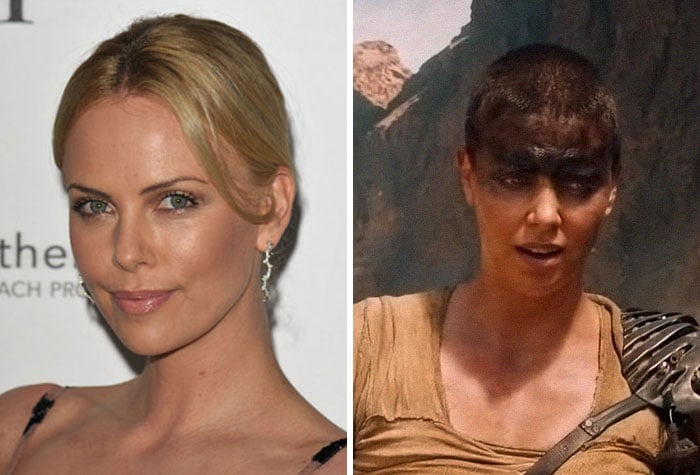 Actriz Charlize Theron antes y después de raparse la cabeza para el papel de fury