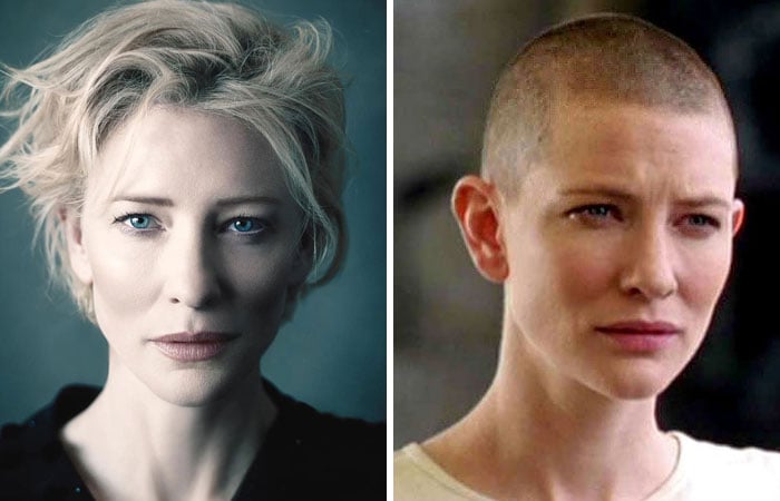 Cate Blanchett antes y después de raparse su cabellera platinada