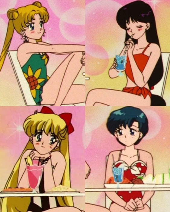 Moda de Sailor Moon; Serena, Ami, Mina y Rei en traje de baño