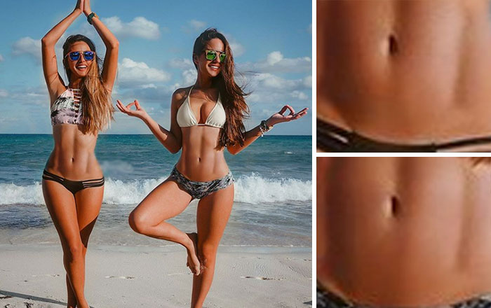 Amigas tomándose una foto en la playa y usando el mismo abdomen 