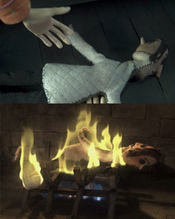 Escena de la película Coraline donde quema a la muñeca de su mamá 