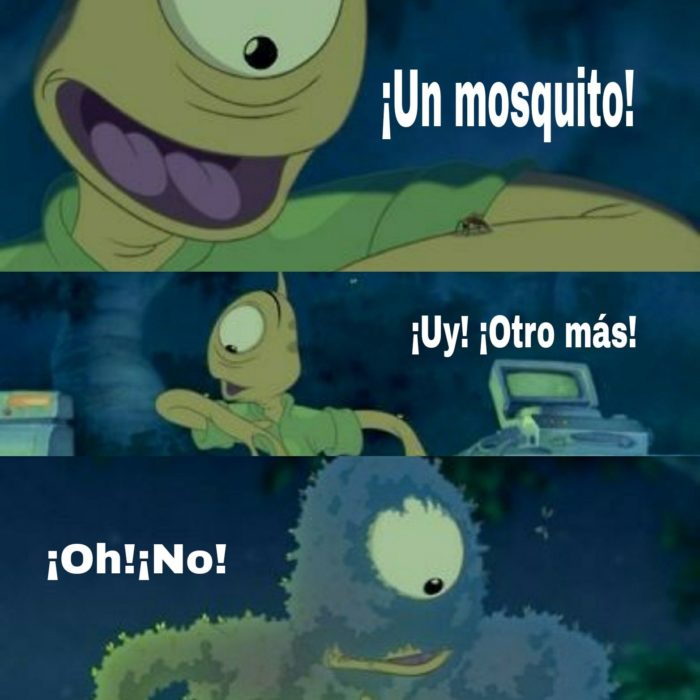 Personaje de Lilo y stitch con mosquitos en su cuerpo