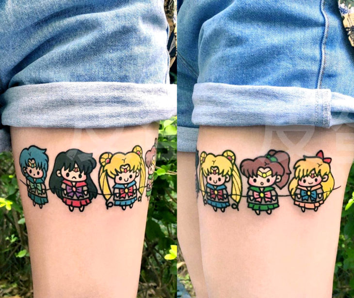 Tatuajes tiernos de Pikka Cool Cool Tattoo; tatuaje kawaii de las Sailor Scouts, Mercurio, Marte, Moon, Júpiter, Venus; Ami, Rei, Serena, Lita, Mina