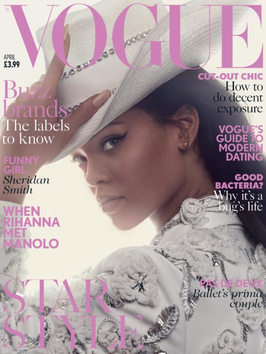 Rihanna en la portada de la revista de moda Vogue Reino Unido, abril del 2016; cantante con sombrero blanco