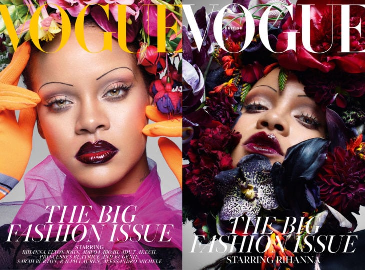 Rihanna en la portada de la revista de moda Vogue Reino Unido, septiembre del 2018, mujer afroamericana con flores en la cabeza
