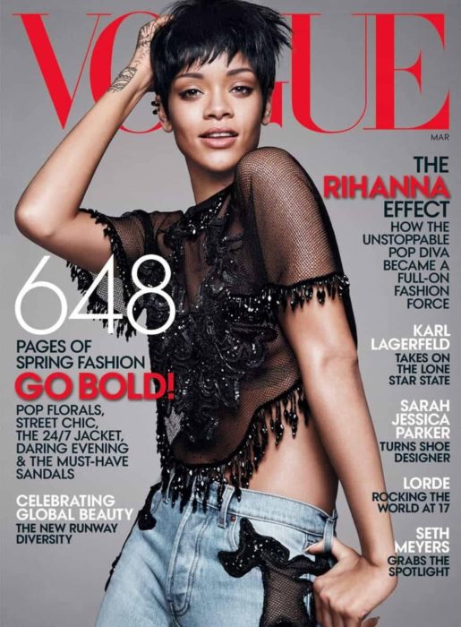 Rihanna en la portada de la revista de moda Vogue Estados Unidos, marzo del 2014; mujer de cabello corto con corte pixie