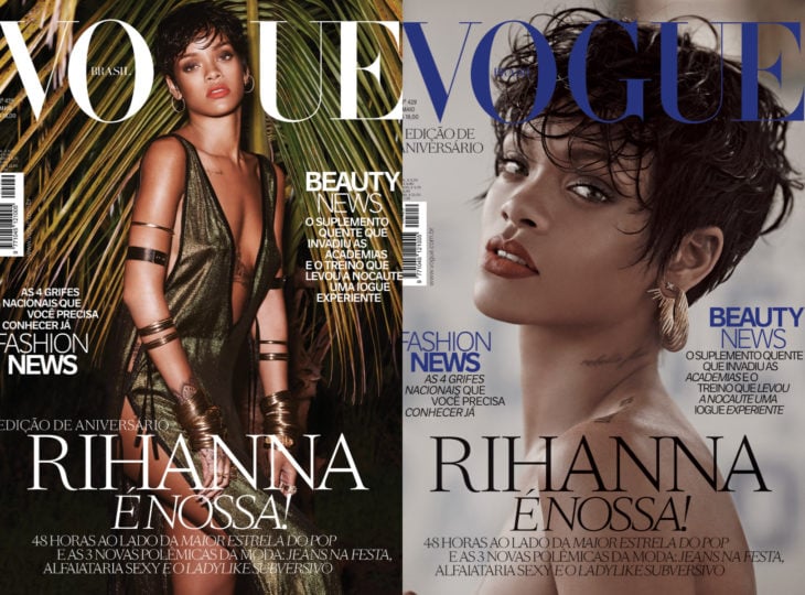 Rihanna en la portada de la revista de moda Vogue Brasil de mayo del 2014; mujer de cabello corto, pixie