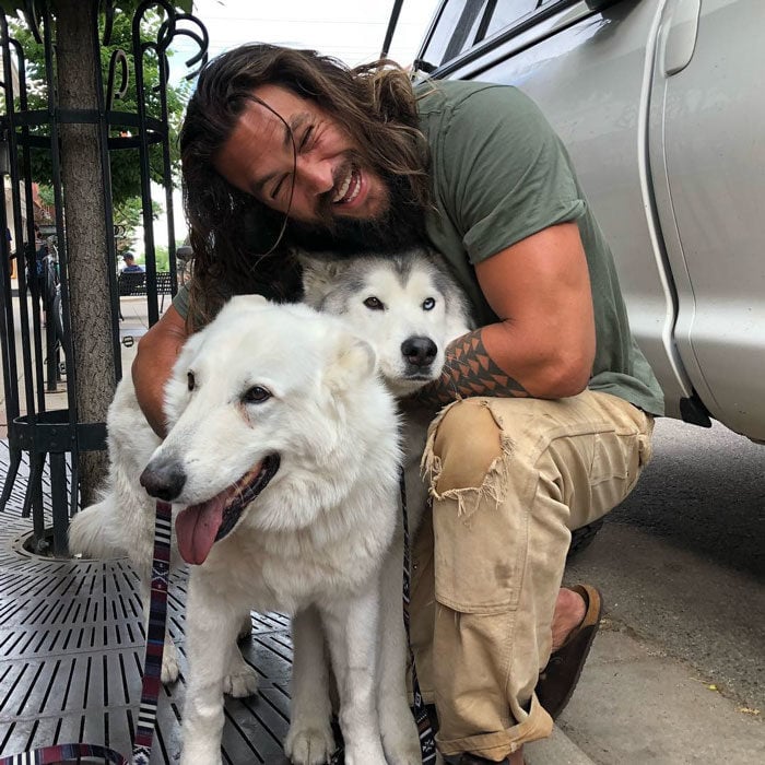 Jason Momoa abrazando a un par de perros Huskys