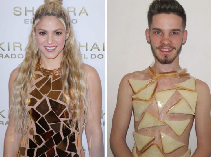 Chico imitando el atuendo de Shakira con panes de molde 