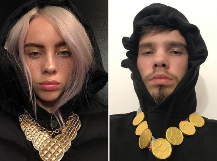 Chico imitando el atuendo de Billie Eilish con monedas de chocolate y una sudadera de color negra 