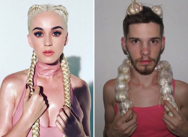 Chico imitando el atuendo de Katy Perry con ajos en la cabeza 