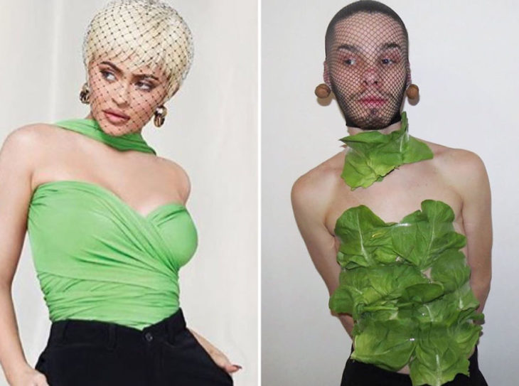 Chico imitando el atuendo de Kylie Jenner con lechucas y una maya en la cabeza 