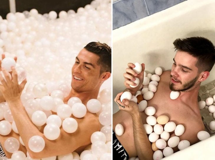 Chico imitando el atuendo de Cristiano Ronaldo dentro de una tina cubierto con huevos 