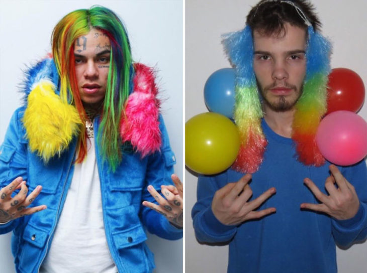 Chico imitando el atuendo de 69 con globos y jergas de limpieza 