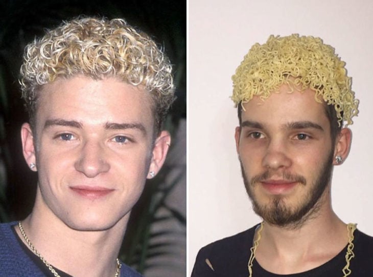 Chico imitando el atuendo de Justin Timberlake con una sopa maruchan en la cabeza 