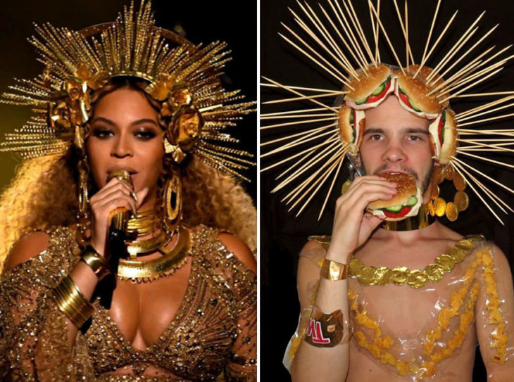 Chico imitando el atuendo de Beyoncé con hamburguesas y palitos de madera 