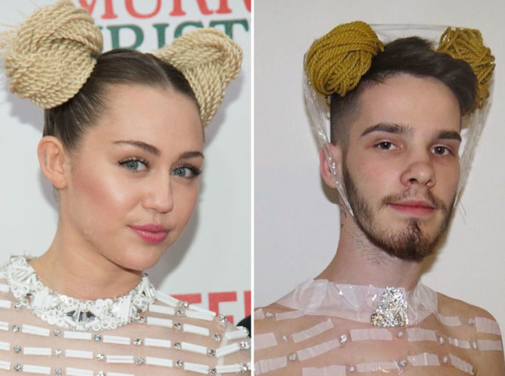 Chico imitando el atuendo de Miley Cyrus con unos moñitos y cinta adhesiva 