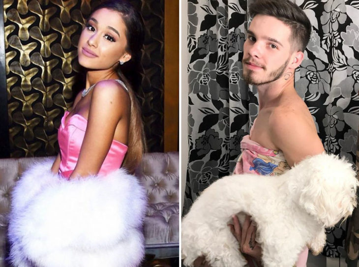 Chico imitando el atuendo de Ariana Grande usando un perrito peludo 