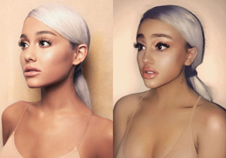 Paige Niemann, la doble de Ariana Grande; doppelgänger, portada de disco Sweetener, mujer con cabello largo, lacio y rubio platinado