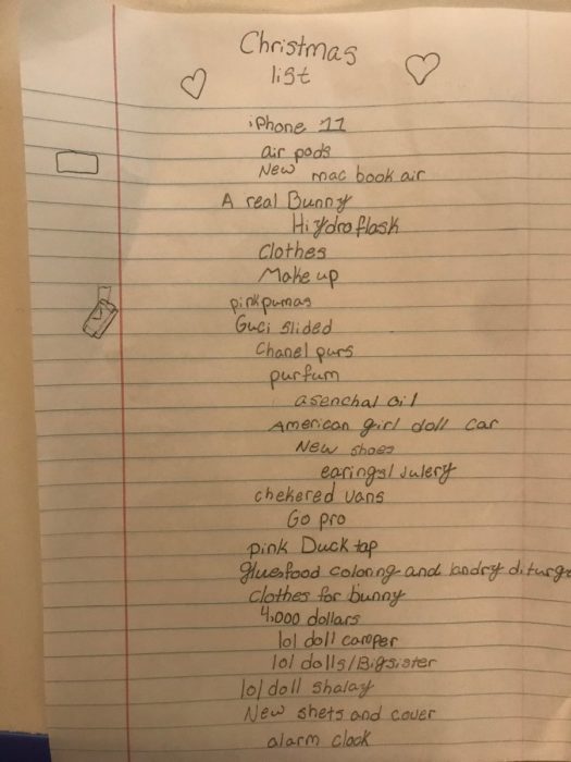 Lista de regalos de Navidad que una niña de 10 años le pidió a Santa 