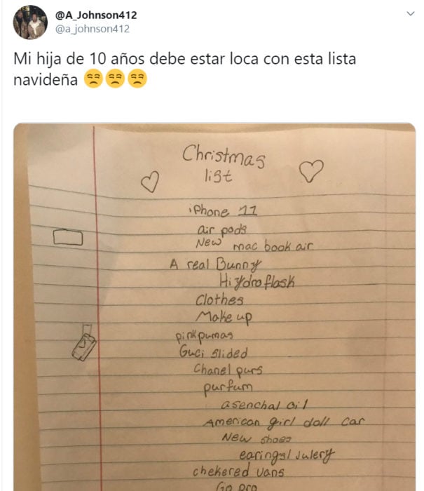 Lista de regalos navideños que pidió una niña y su padre la compartió en Twitter 