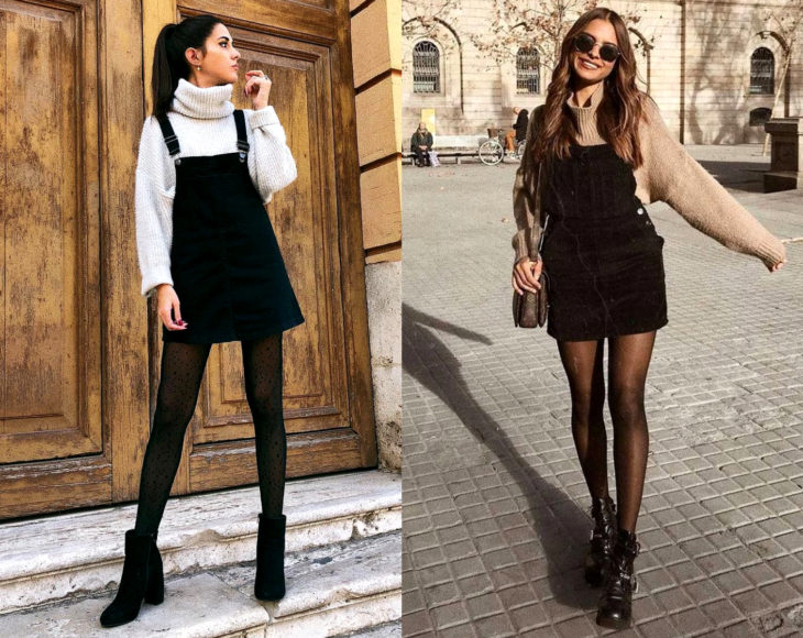 Come indossare calze con l'abbigliamento da ufficio;  ragazze in tuta nera vestono e maglione sotto, con collant neri con stampa a pois e stivaletti