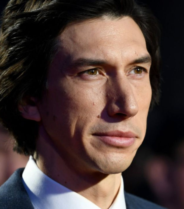 Actor Adam Driver; hombre de ojos verdes, cabello oscuro y largo