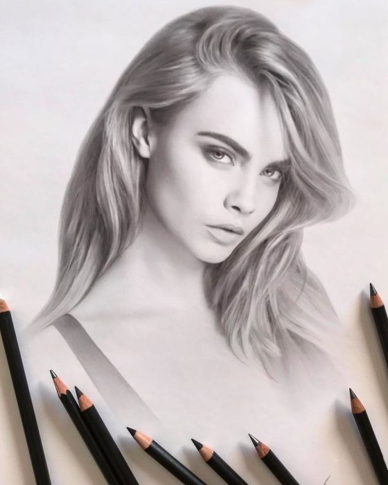 Dibujo hiperrealista de la artista Litvin Alena, Cara Delevingne