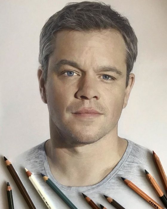 Dibujo hiperrealista de la artista Litvin Alena, Mark, Matt Damon