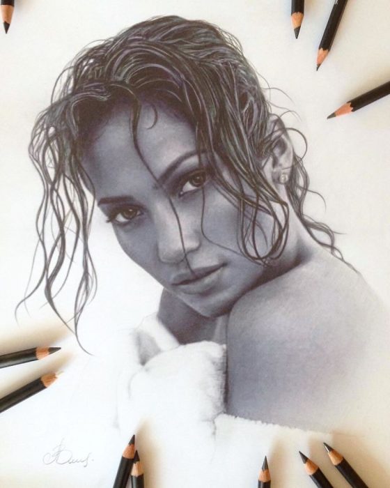 Dibujo hiperrealista de la artista Litvin Alena, Jennifer Lopez