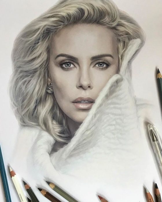 Dibujo hiperrealista de la artista Litvin Alena, Charlize Theron 