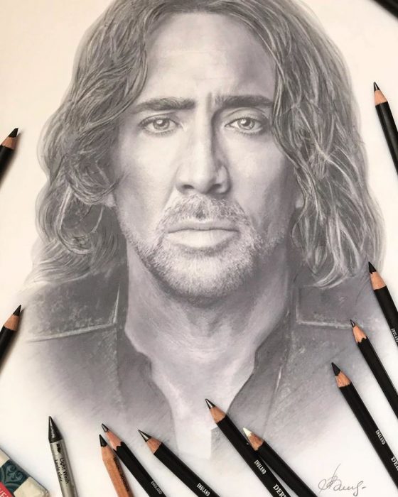 Dibujo hiperrealista de la artista Litvin Alena, Nicolas Cage