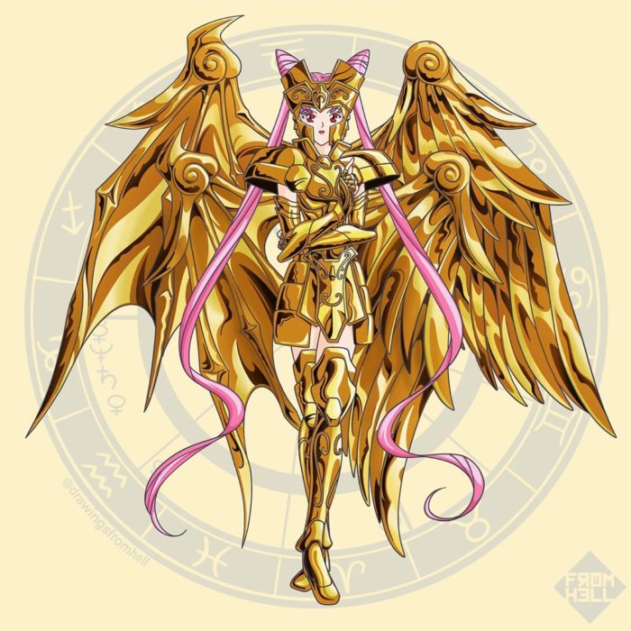 Sailor scouts usando la armadura dorada de Los caballeros de Oro de Saint Seiya 