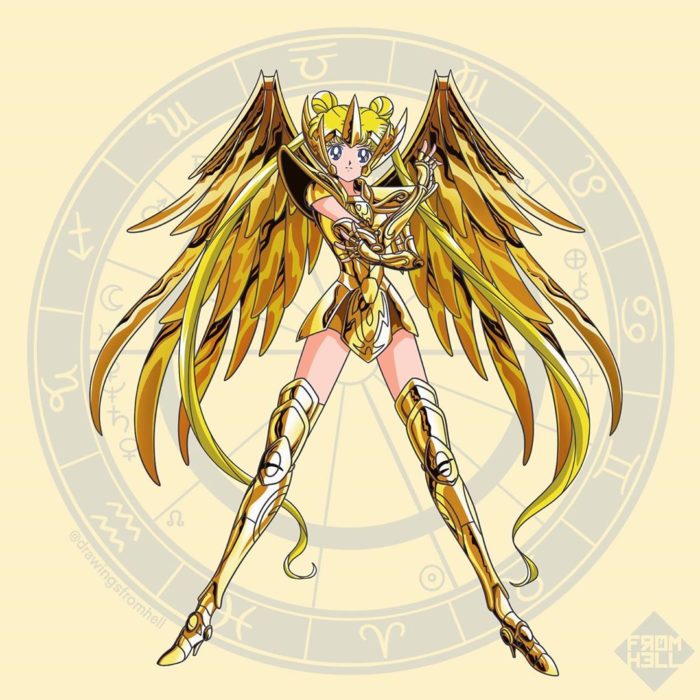 Sailor scouts usando la armadura dorada de Los caballeros de Oro de Saint Seiya 