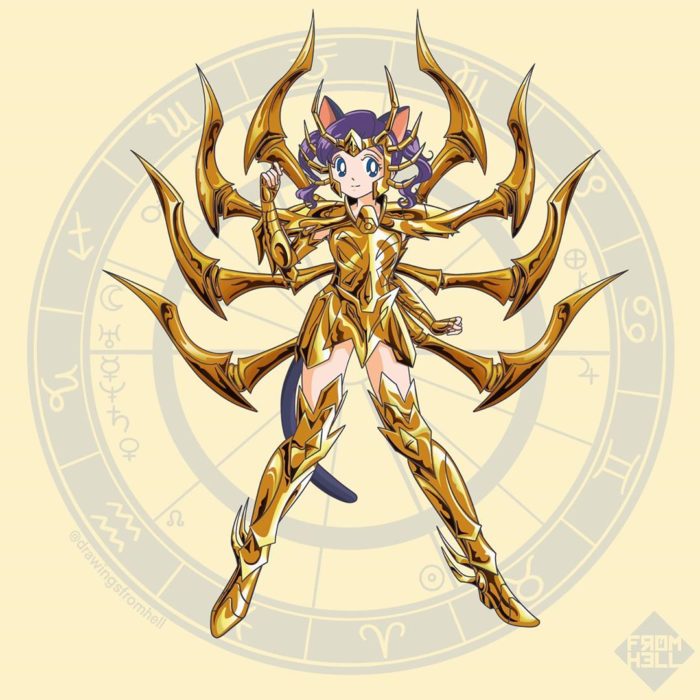 Sailor scouts usando la armadura dorada de Los caballeros de Oro de Saint Seiya 