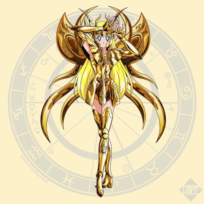 Sailor scouts usando la armadura dorada de Los caballeros de Oro de Saint Seiya 