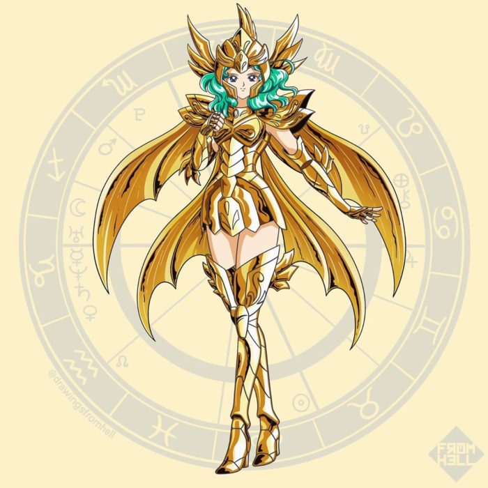 Sailor scouts usando la armadura dorada de Los caballeros de Oro de Saint Seiya 