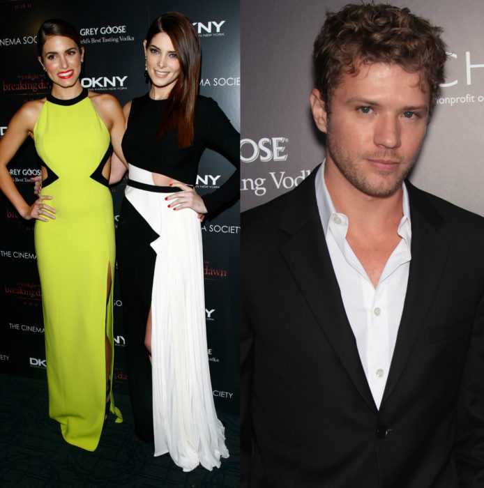 Nikki Reed, Ashley Greene abrazadas en una alfombra roja y Ryan Phillippe sonriendo