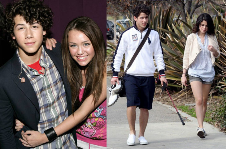 Miley Cyrus abarazando a Nick Jonas. Selena Gomez caminando al lado de Nick Jonas