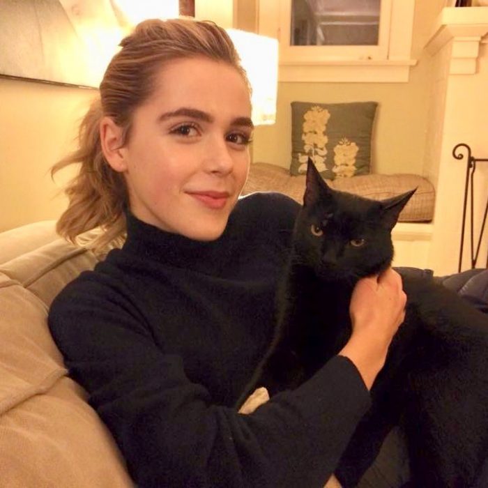 Kiernan Shipka sin maquillaje, sentada en un sofá, acariciando a su gato