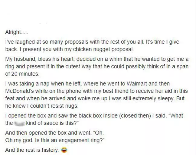 Historia en un grupo de facebook en el que una mujer cuenta cómo le pidieron matrimonio