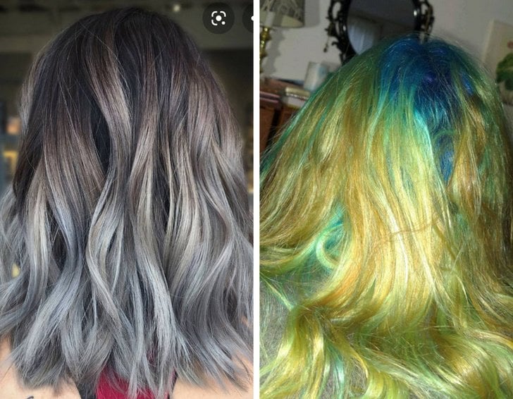 Chica con el comparando un cabello platinado con uno de color verde, amarillo y azul 