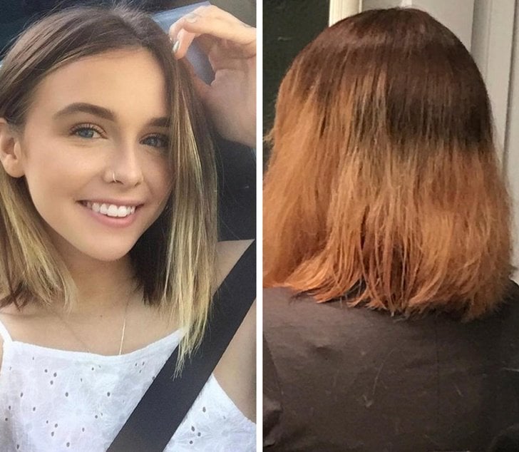 Chica comparando su cabello con el que pidió vs lo que recibió de un color diferente 