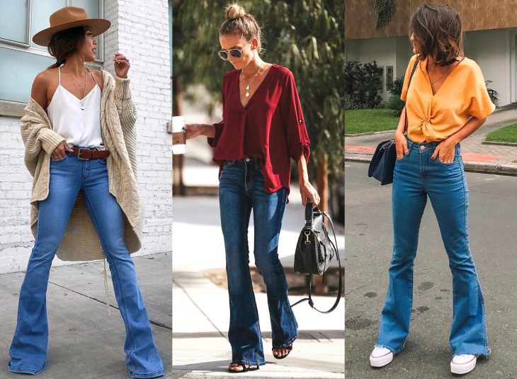 Tipos de pantalones para mujer; bell bottom jeans, acampanados