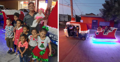 Abuelito convierte su mototaxi en un trineo navideño y da paseos gratis