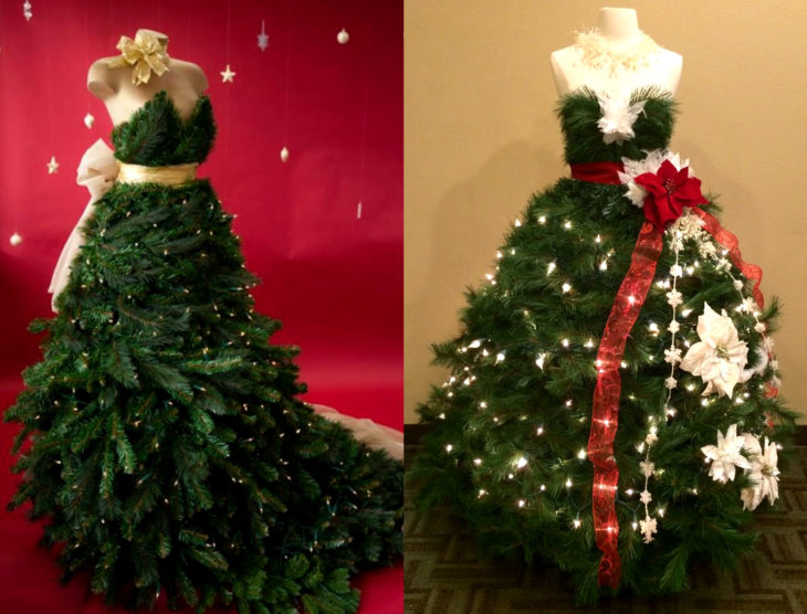 Árbol verde de Navidad como vestido de maniquí 