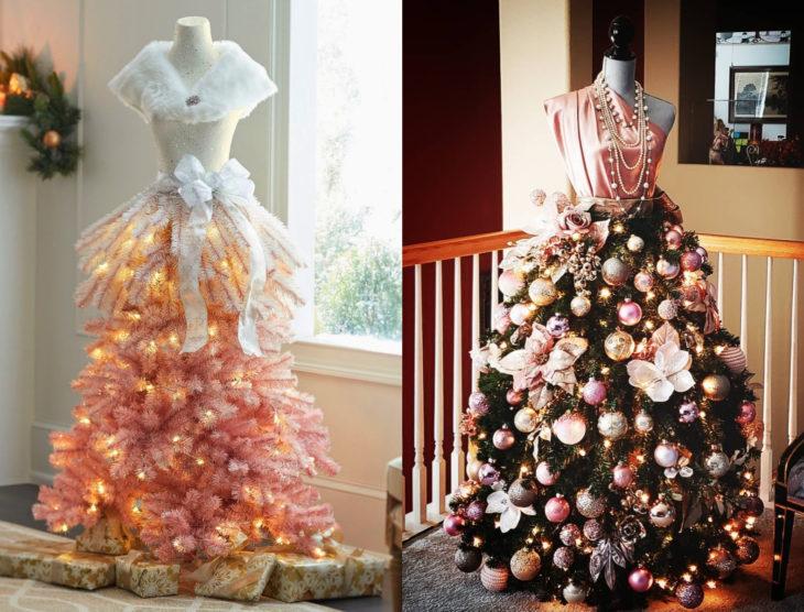 Árbol rosa de Navidad como vestido de maniquí con moños, esferas y collares