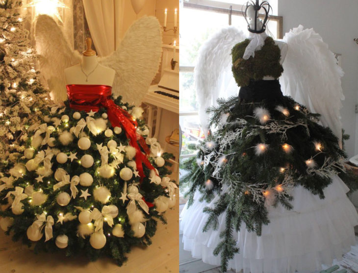 Árbol verde con blanco de Navidad como vestido de maniquí con alas de ángel