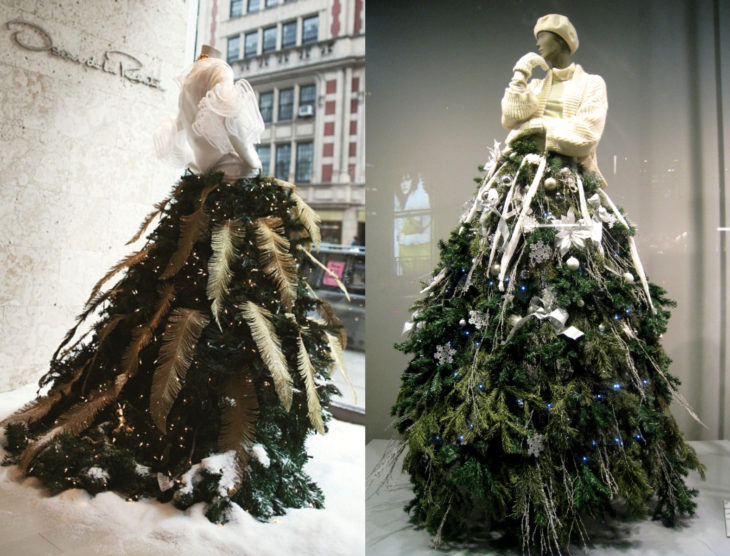 Árbol verde de Navidad como vestido de maniquí con plumas doradas