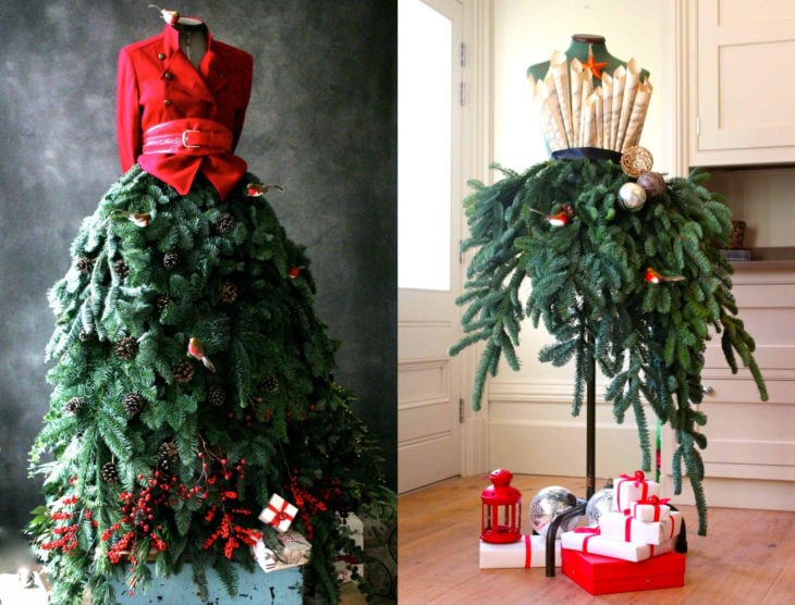 Árbol verde de Navidad como vestido de maniquí, con saco rojo y top formado por partituras de villancicos, con regalos